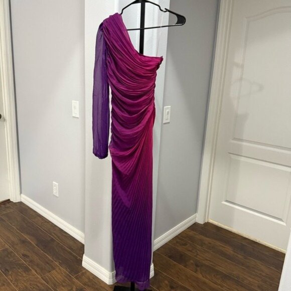 ROCOCO SAND One Shoulder Purple Pink Pleated Ombré Dress Size XS High Slit - Picture 8 of 9